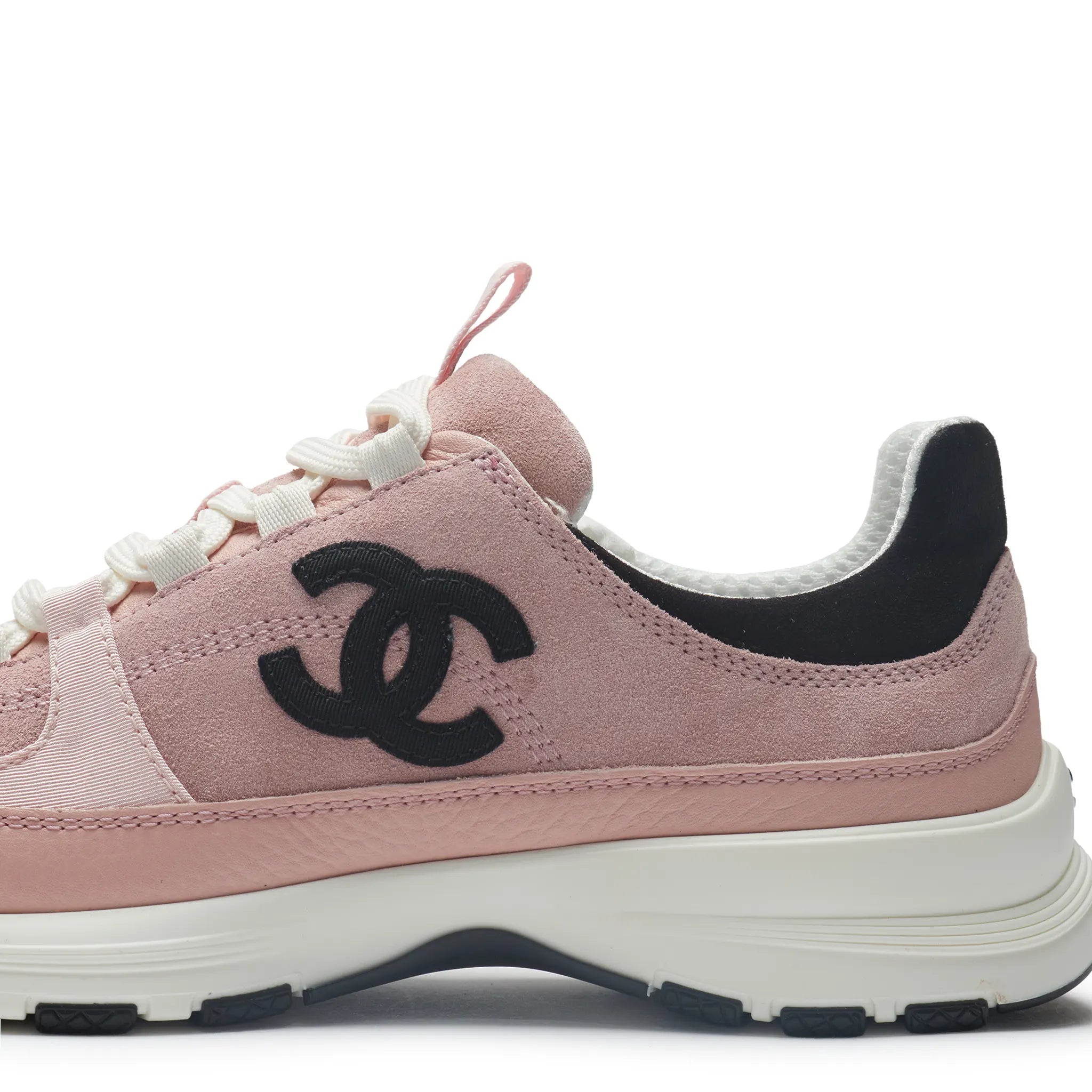 Detailed Side View of Chanel CC Logo Suede Calfskin Grosgrain Light Pink Black Trainers (W) G47010-B23026-U6221